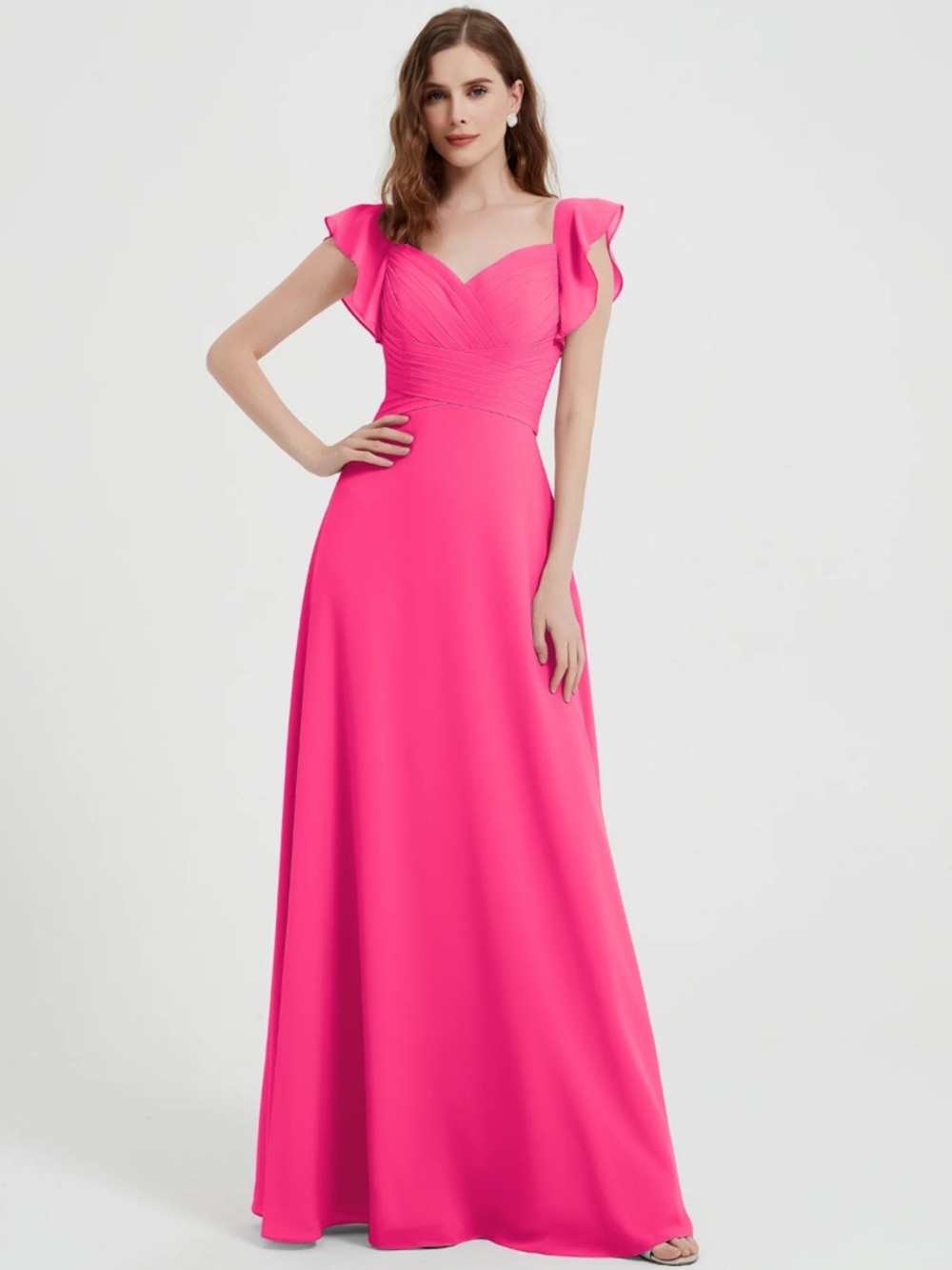 B2 Jasmine Flutter Sleeve Chiffon Dress, sz 6, Fuchsia, 16” PTP, 52” L